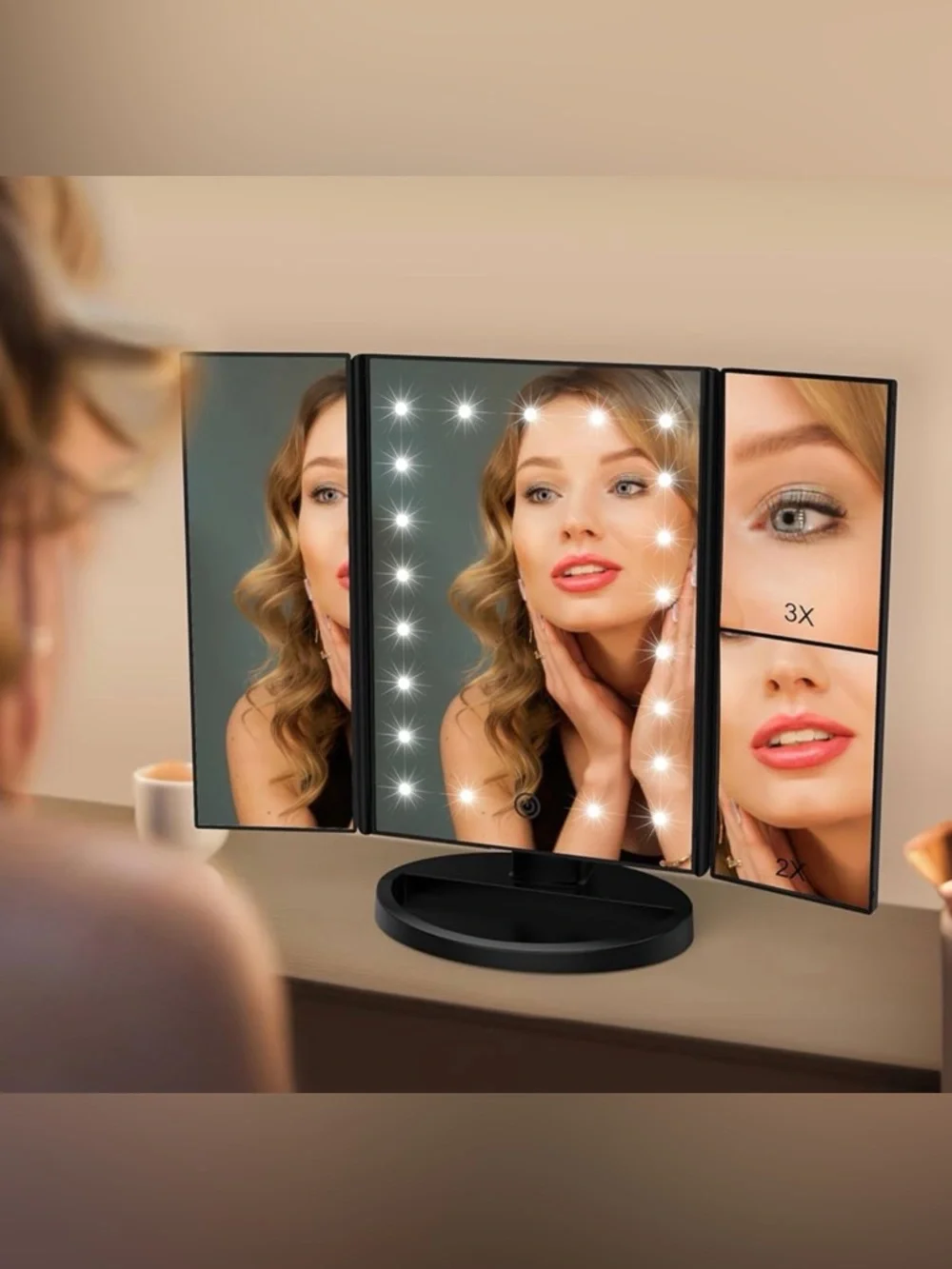LED Magnifying USB Battery Weily Lighted Tri-Fold Makeup Mirror Adjustable Black